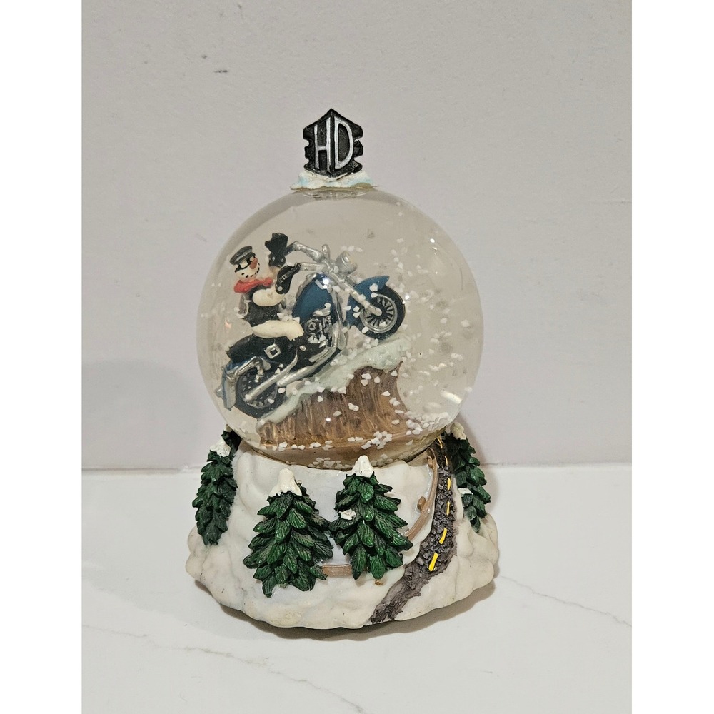 Harley-Davidson 2001 Musical Snow Globe Snowman on Motorcycle Blue Bike HD Logo